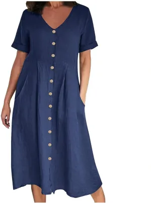 Midi Dresses for Women 2024 Summer Short Sleeve V Neck Button Down Dress Plus Size Cotton Linen Dress with Pockets