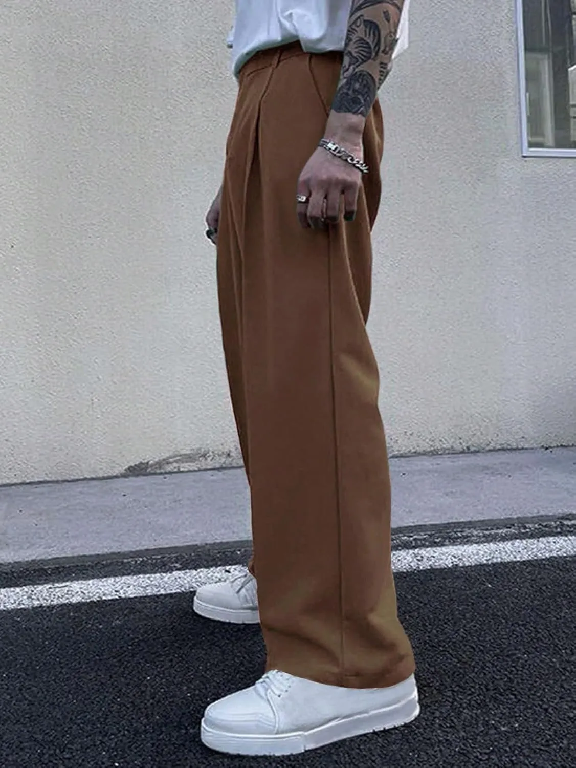 Milumia Men's High Waisted Wide Leg Pants Zipper Fly Loose Casual Trousers