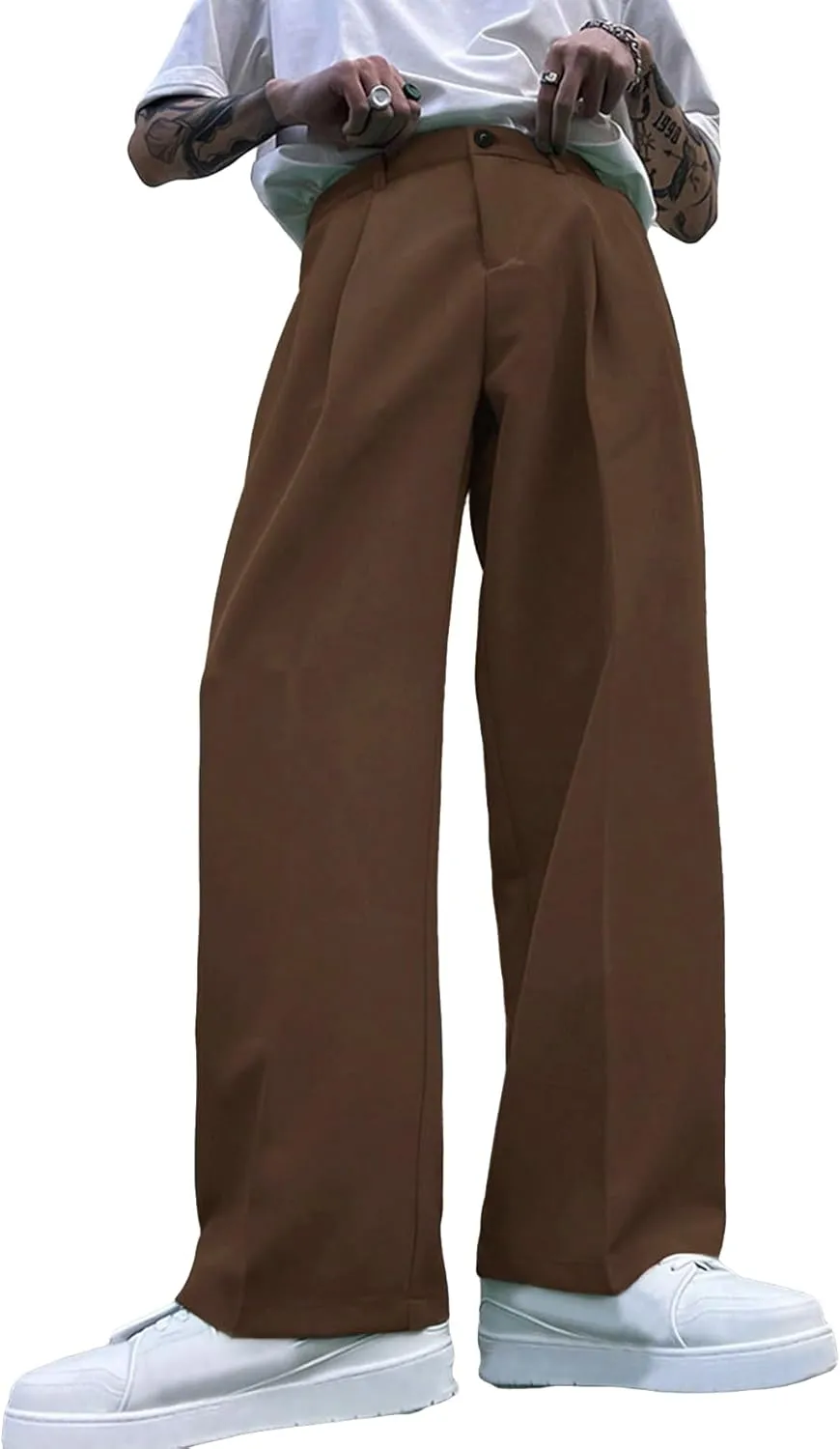 Milumia Men's High Waisted Wide Leg Pants Zipper Fly Loose Casual Trousers