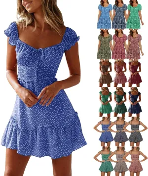 Mini Dresses for Women Summer Casual Floral Boho Sundress Ruffle Short Sleeve Square Neck High Waist Party Sun Dresses