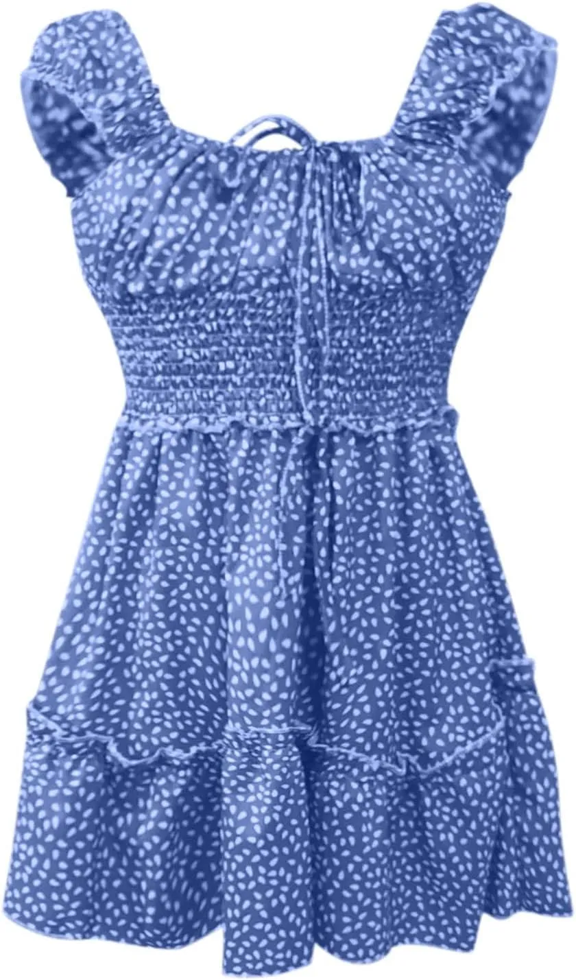 Mini Dresses for Women Summer Casual Floral Boho Sundress Ruffle Short Sleeve Square Neck High Waist Party Sun Dresses