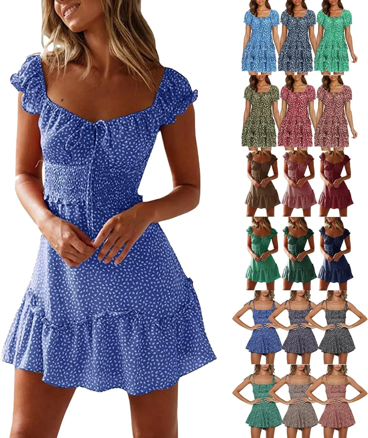 Mini Dresses for Women Summer Casual Floral Boho Sundress Ruffle Short Sleeve Square Neck High Waist Party Sun Dresses