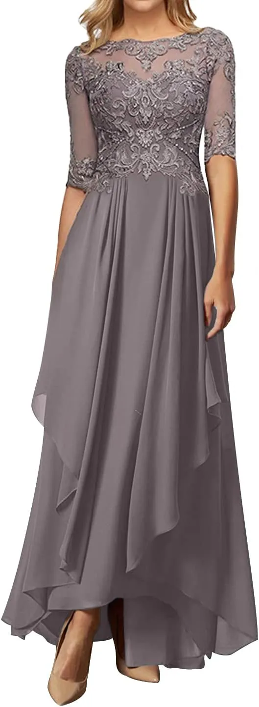Mother of The Bride Dresses 3/4 Sleeve Lace Evening Gowns Long Chiffon Wedding Guest Dresses Ruffle