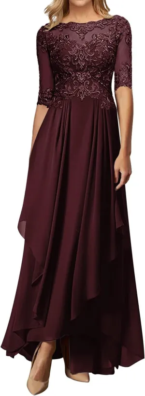 Mother of The Bride Dresses 3/4 Sleeve Lace Evening Gowns Long Chiffon Wedding Guest Dresses Ruffle