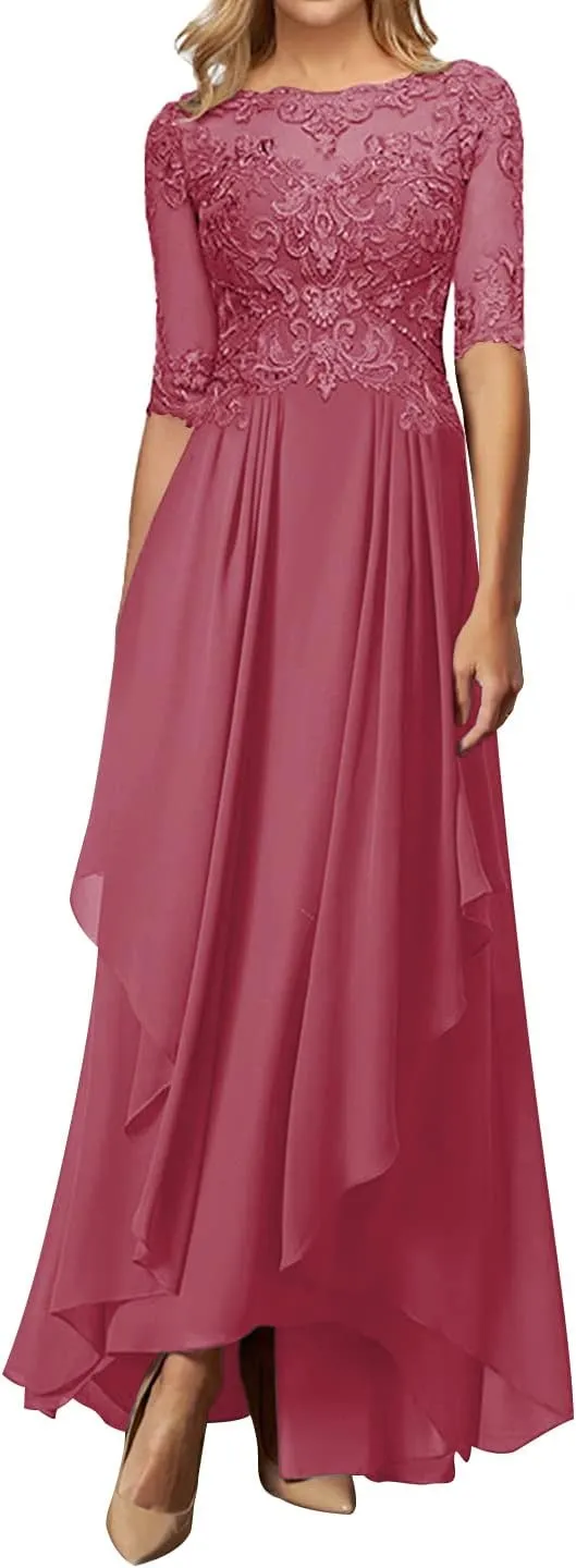Mother of The Bride Dresses 3/4 Sleeve Lace Evening Gowns Long Chiffon Wedding Guest Dresses Ruffle