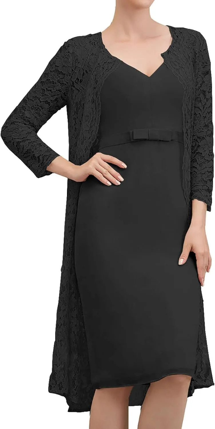 Mother of The Bride Dresses with Jacket Lace Chiffon Wedding Guest Dresses for Women Short Evening Dress