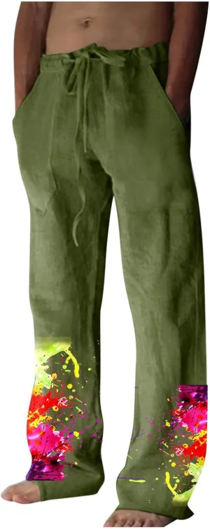 Muscularfit Mens Pants Casual Relaxed Fit Cotton Linen Tie Dye Print Drawstring Trousers Loose Fit Elastic Waist Solid Pant