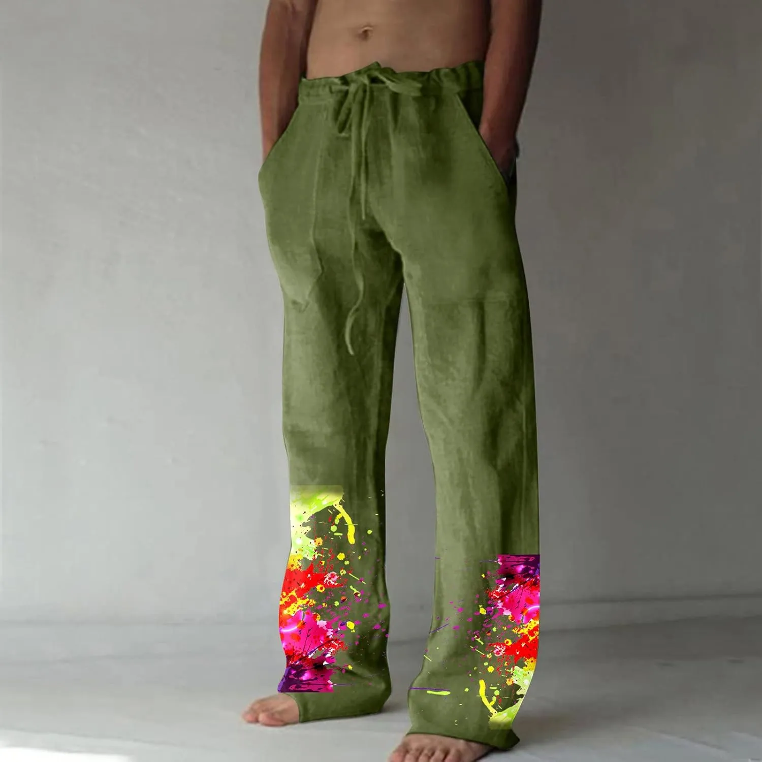 Muscularfit Mens Pants Casual Relaxed Fit Cotton Linen Tie Dye Print Drawstring Trousers Loose Fit Elastic Waist Solid Pant