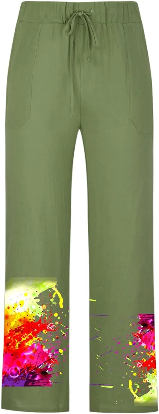 Muscularfit Mens Pants Casual Relaxed Fit Cotton Linen Tie Dye Print Drawstring Trousers Loose Fit Elastic Waist Solid Pant