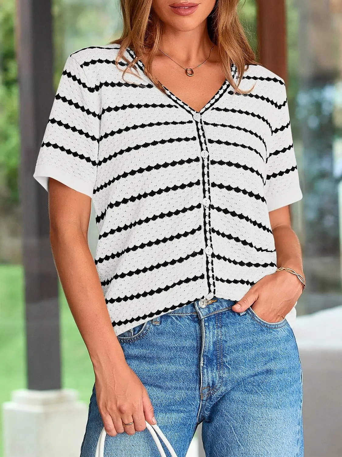 NALANISA Women's Short Sleeve Sweater Spring Summer Crochet Knit Tops 2025 V Neck Striped Button Down Dressy Casual Blouses