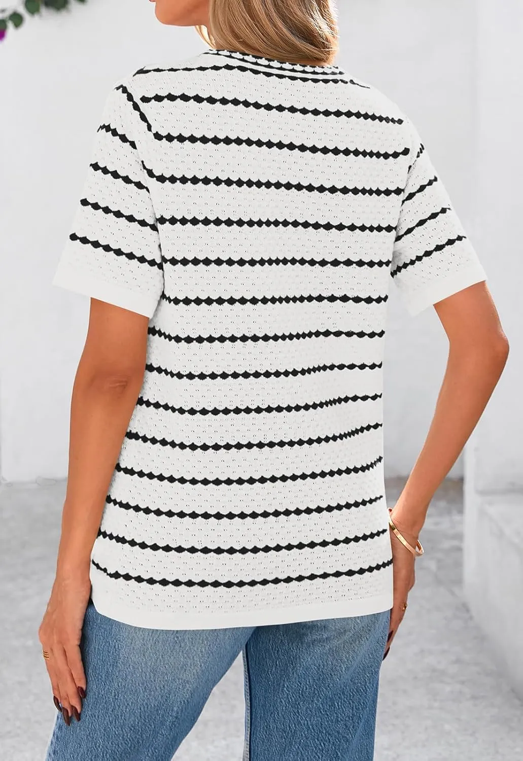 NALANISA Women's Short Sleeve Sweater Spring Summer Crochet Knit Tops 2025 V Neck Striped Button Down Dressy Casual Blouses