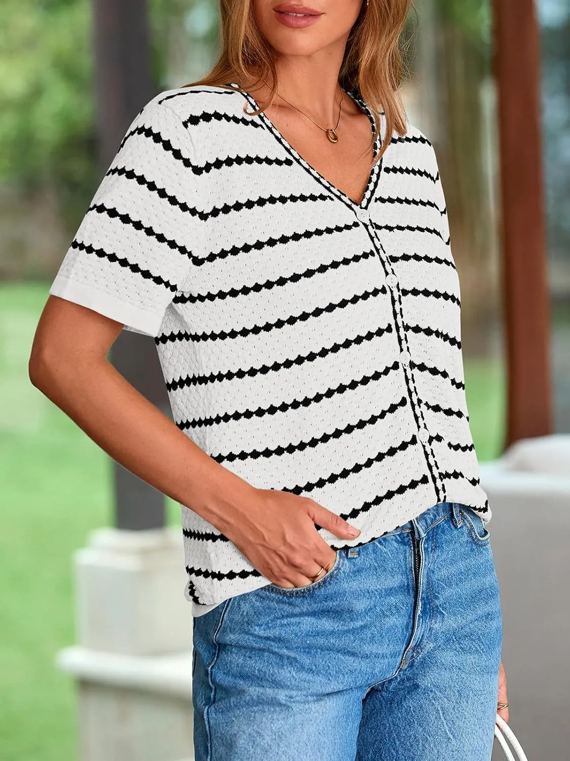 NALANISA Women's Short Sleeve Sweater Spring Summer Crochet Knit Tops 2025 V Neck Striped Button Down Dressy Casual Blouses
