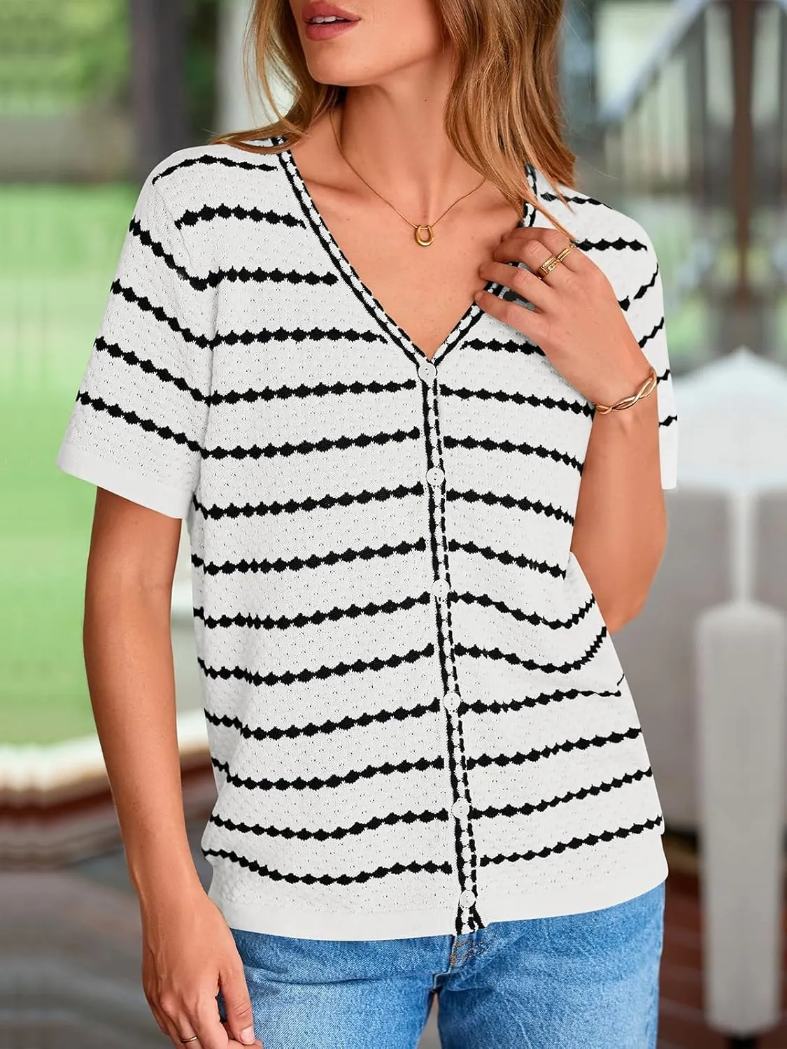NALANISA Women's Short Sleeve Sweater Spring Summer Crochet Knit Tops 2025 V Neck Striped Button Down Dressy Casual Blouses