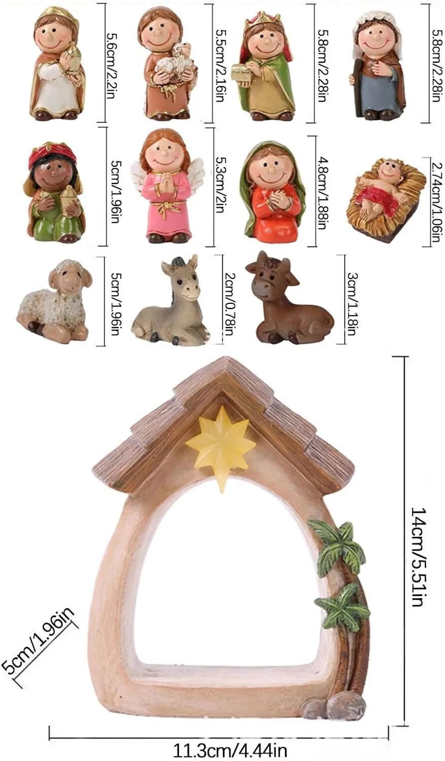 Nativity Scene Figures Ornaments, Resin Jesus Born Ornaments, 12-Piece Set
