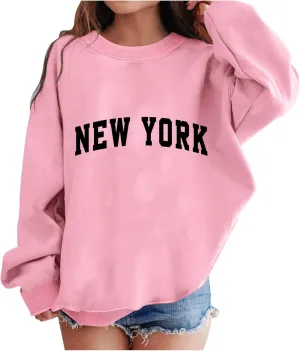 New york Hoodies For Girls Todder Letter Print Graphic Sweatshirt Crewneck Long Sleeve Casual Loose Pullover Tops For 4-14 Years, B04-pink