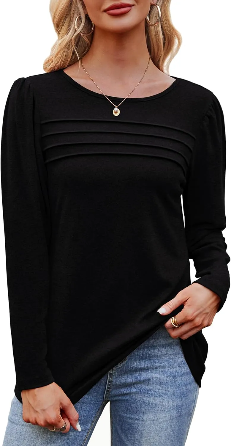 OFEEFAN Long Sleeve Shirts for Women Fall Fashion 2025 Dressy Casual Blouses Trendy Pleated Tunic Tops for Leggings