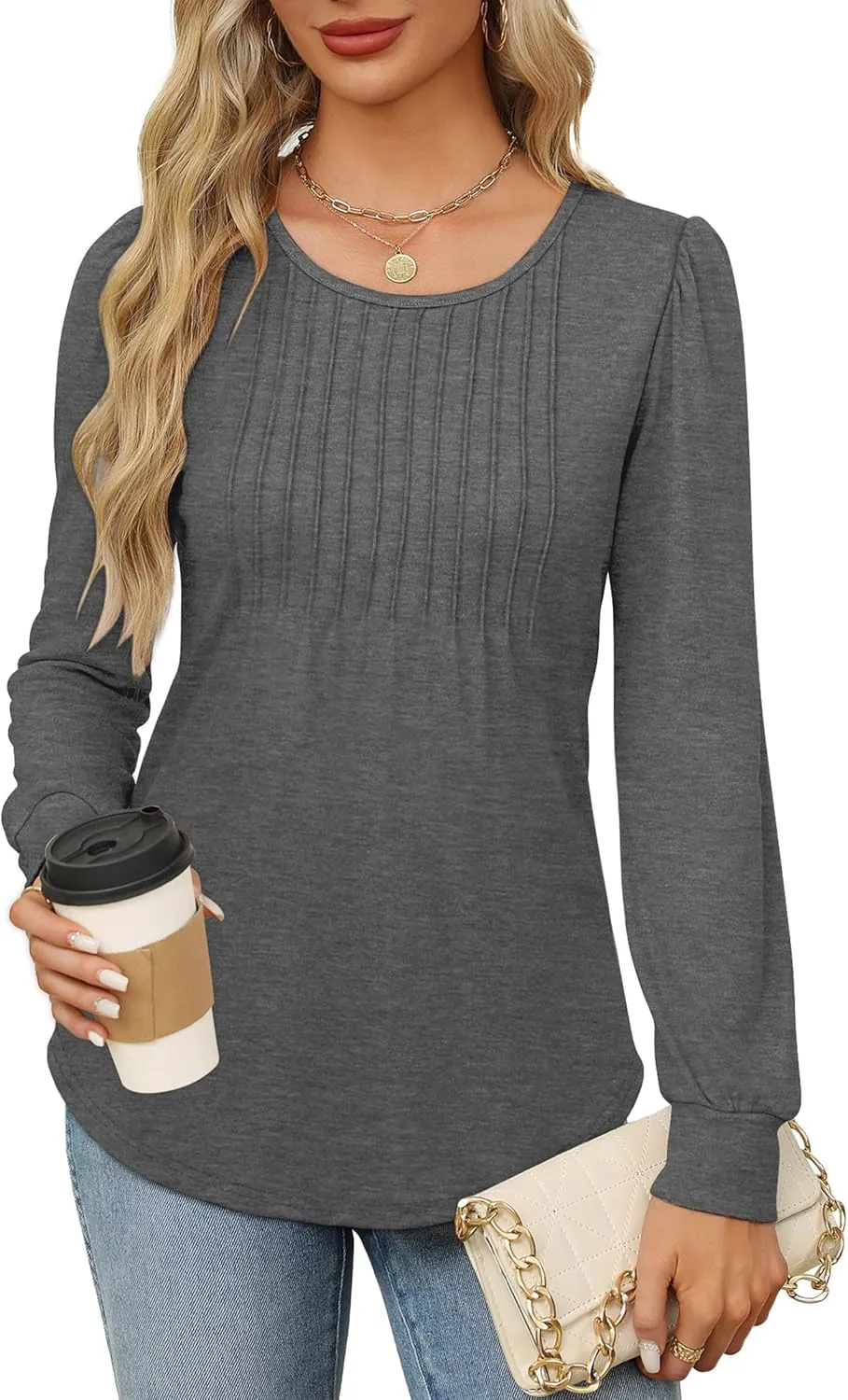 OFEEFAN Long Sleeve Shirts for Women Fall Tops Dressy Casual Blouses Pleated Scooped Neck Tunic Tops for Leggings
