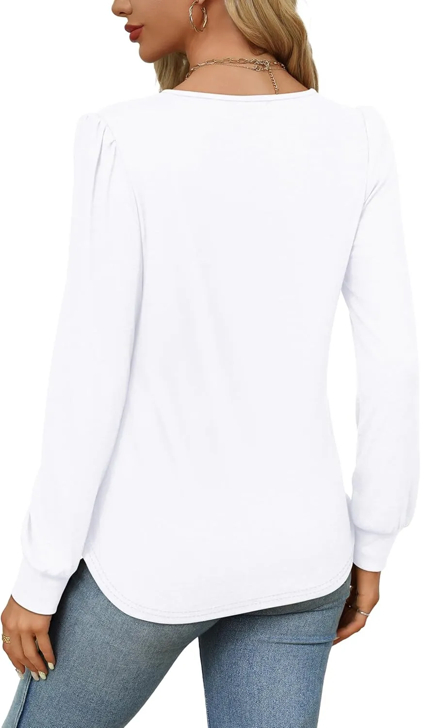 OFEEFAN Long Sleeve Shirts for Women Fall Tops Dressy Casual Blouses Pleated Scooped Neck Tunic Tops for Leggings