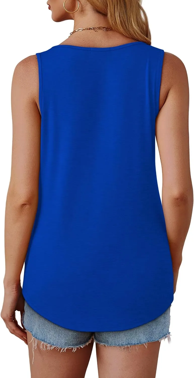 OFEEFAN Tank Top for Women Summer Outfits Sleeveless Blouses Dressy Casual Loose Fit Shirts Scooped Neck Pleated Front