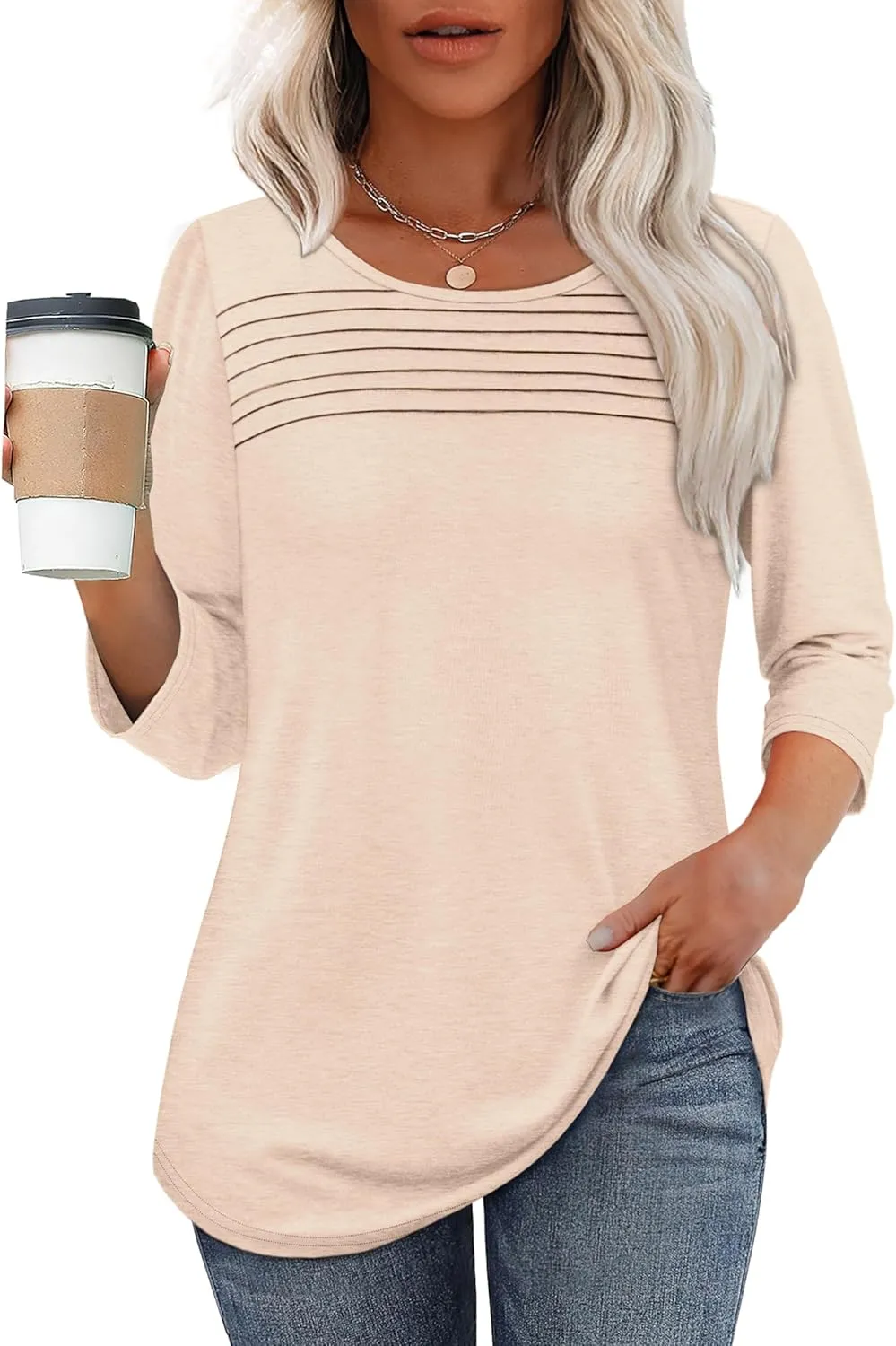 OFEEFAN Womens Tops 3/4 Length Sleeve Blouses Dressy Casual Spring Summer Outfits Pleated Front T Shirts Curved Hem
