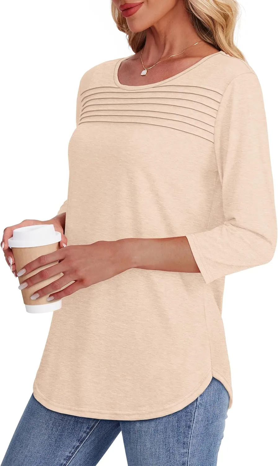 OFEEFAN Womens Tops 3/4 Length Sleeve Blouses Dressy Casual Spring Summer Outfits Pleated Front T Shirts Curved Hem