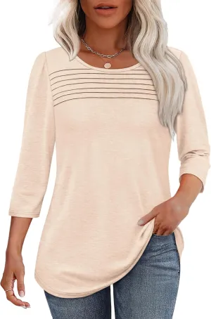 OFEEFAN Womens Tops 3/4 Length Sleeve Blouses Dressy Casual Spring Summer Outfits Pleated Front T Shirts Curved Hem