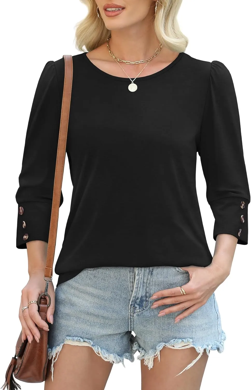 OFEEFAN Womens Tops 3/4 Sleeve with Buttons Dressy Casual Blouses Summer Outfits Beach Vacation Plus Size Spring Clothes