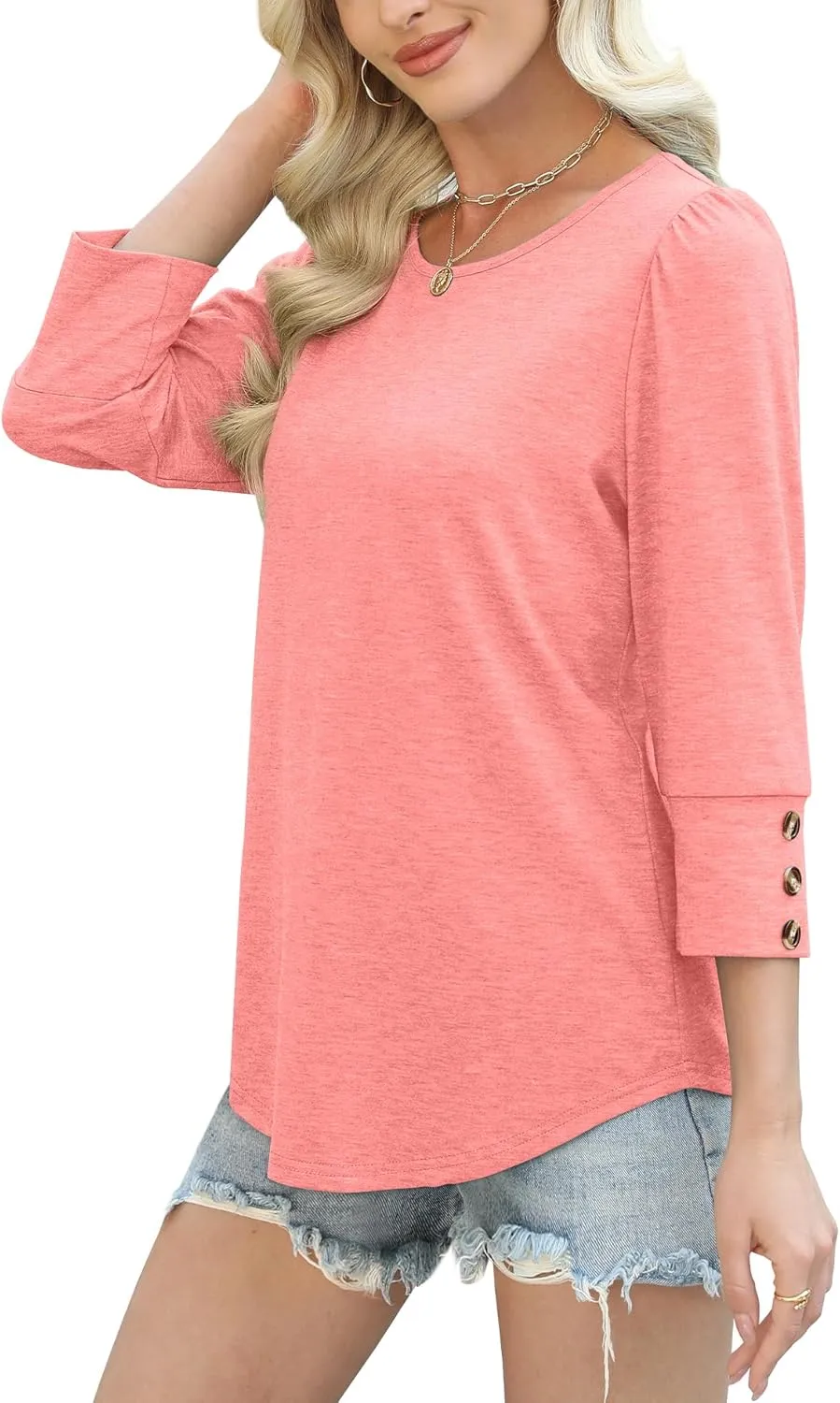 OFEEFAN Womens Tops 3/4 Sleeve with Buttons Dressy Casual Blouses Summer Outfits Beach Vacation Plus Size Spring Clothes