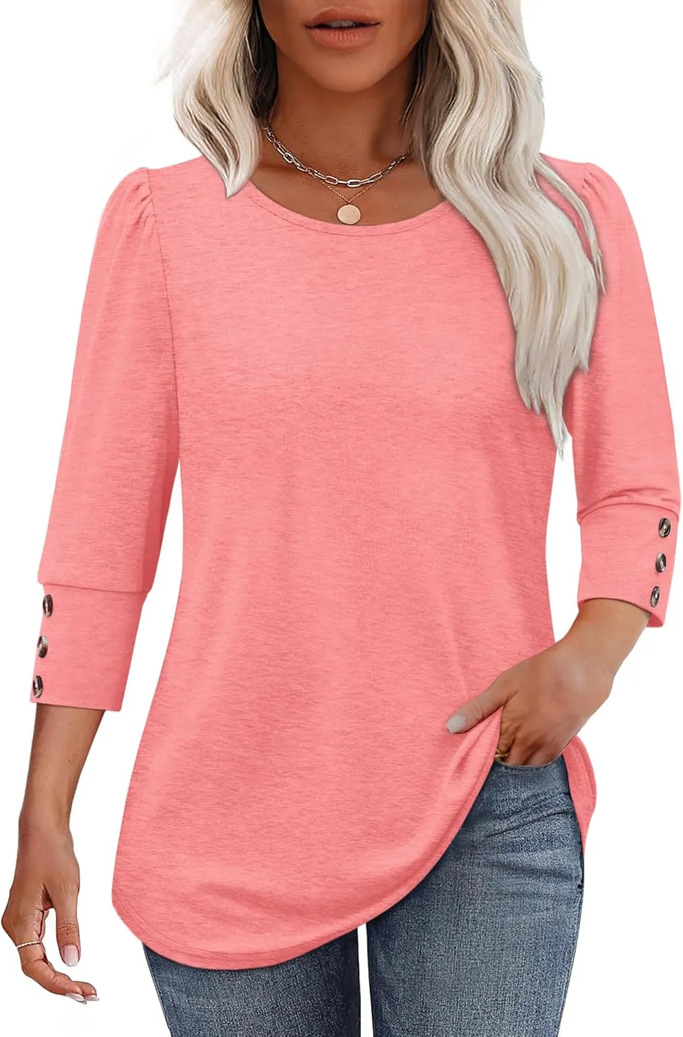 OFEEFAN Womens Tops 3/4 Sleeve with Buttons Dressy Casual Blouses Summer Outfits Beach Vacation Plus Size Spring Clothes