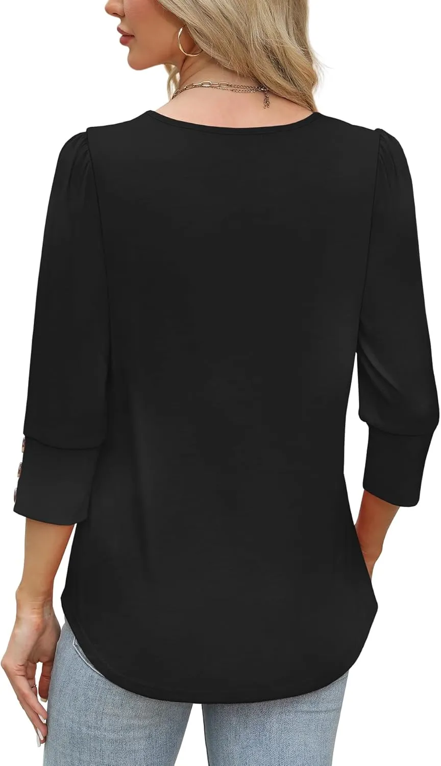 OFEEFAN Womens Tops 3/4 Sleeve with Buttons Dressy Casual Blouses Summer Outfits Beach Vacation Plus Size Spring Clothes