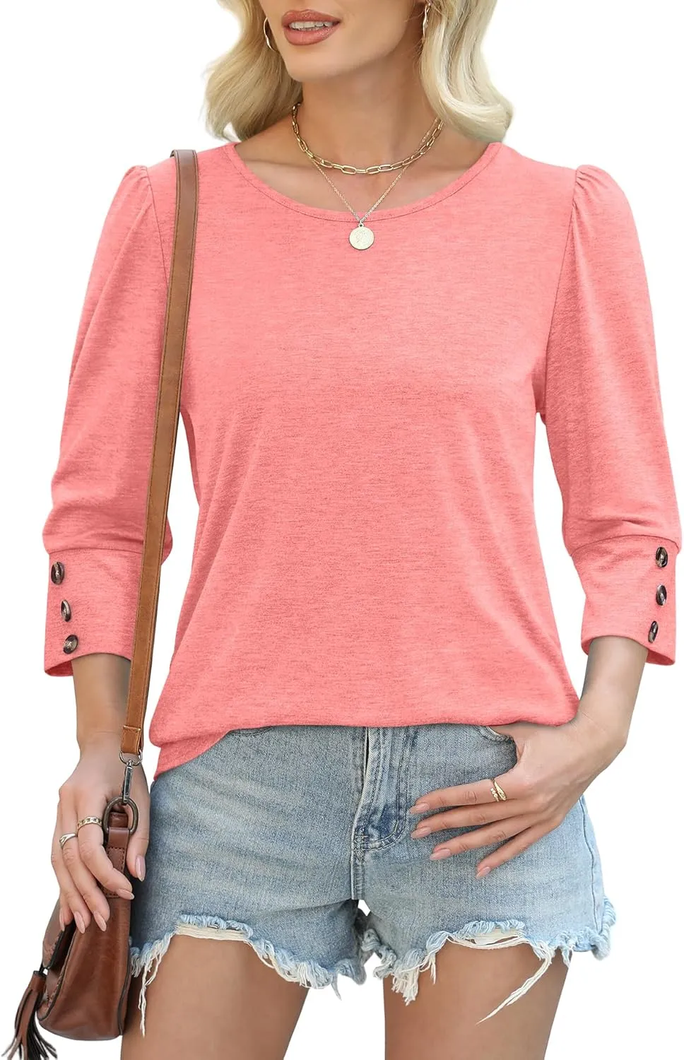 OFEEFAN Womens Tops 3/4 Sleeve with Buttons Dressy Casual Blouses Summer Outfits Beach Vacation Plus Size Spring Clothes