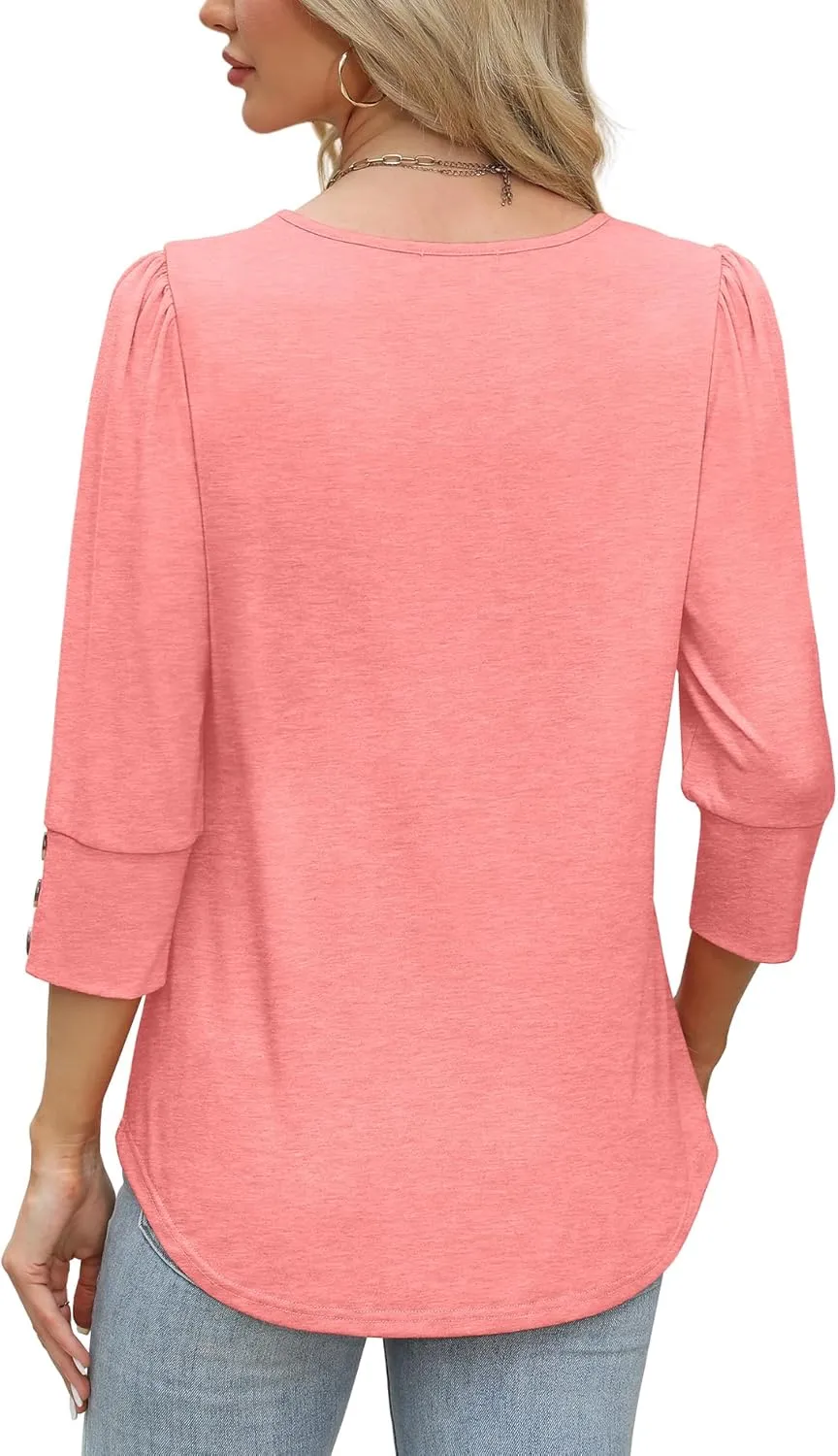 OFEEFAN Womens Tops 3/4 Sleeve with Buttons Dressy Casual Blouses Summer Outfits Beach Vacation Plus Size Spring Clothes