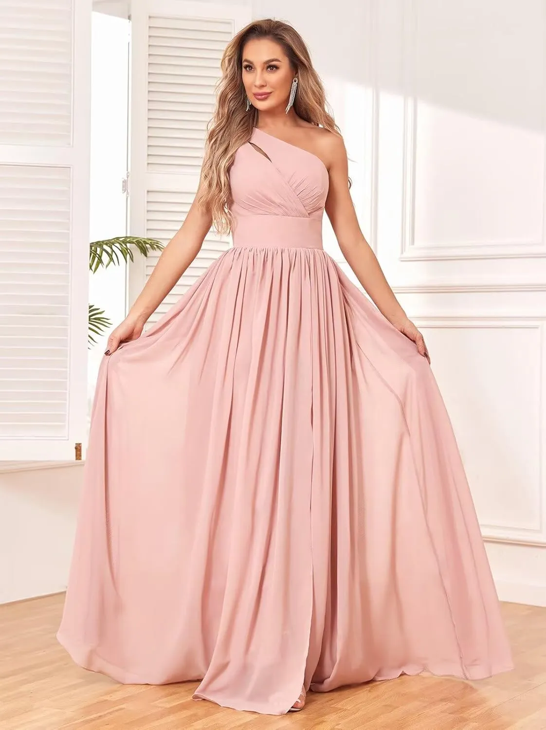 One Shoulder Bridesmaid Dresses for Wedding Split Long Formal Prom Evening Dress with Pockets