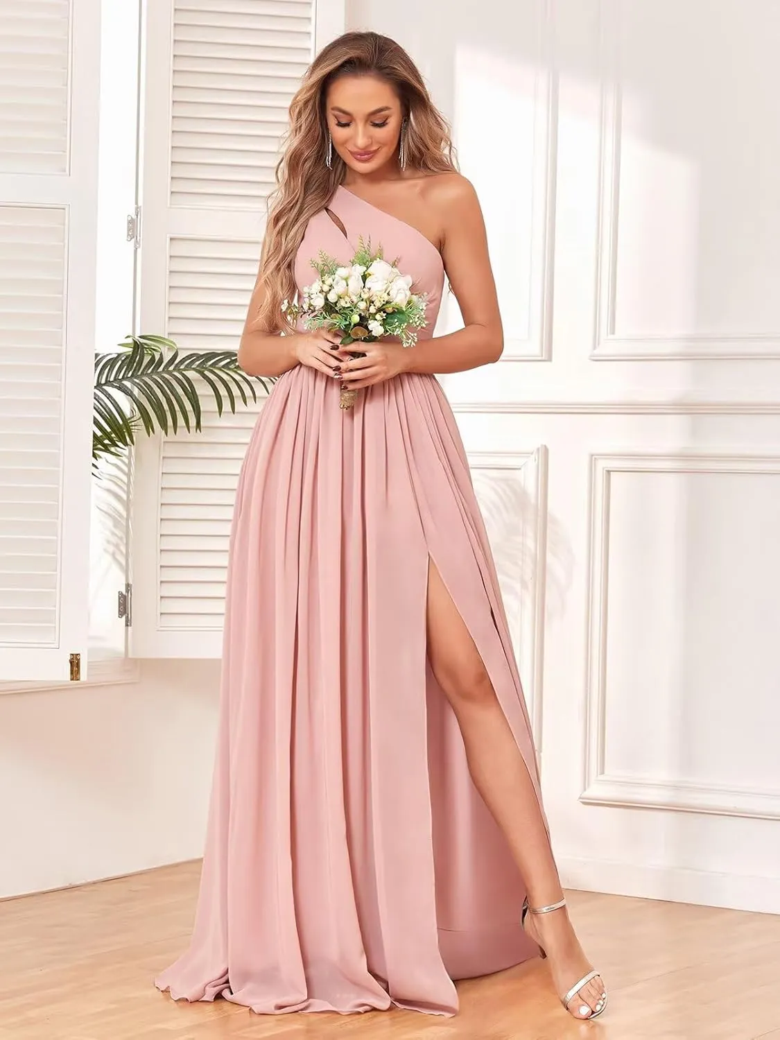 One Shoulder Bridesmaid Dresses for Wedding Split Long Formal Prom Evening Dress with Pockets