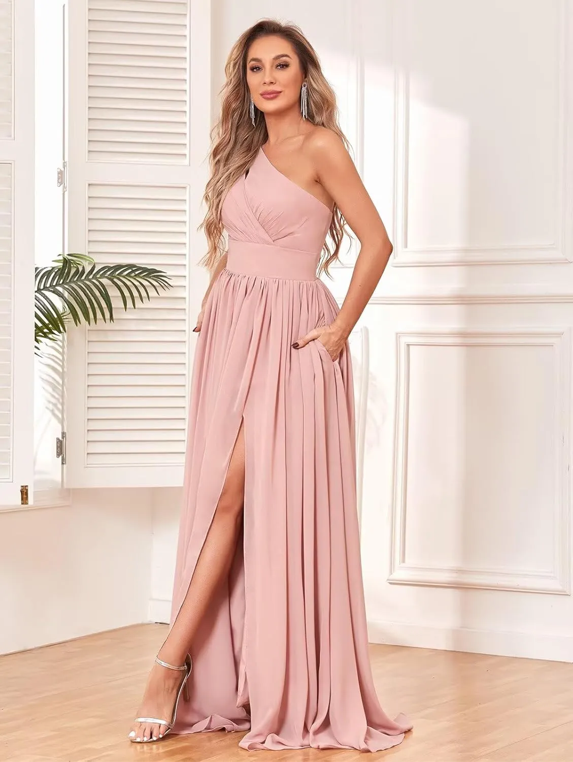 One Shoulder Bridesmaid Dresses for Wedding Split Long Formal Prom Evening Dress with Pockets
