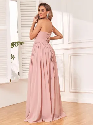 One Shoulder Bridesmaid Dresses for Wedding Split Long Formal Prom Evening Dress with Pockets