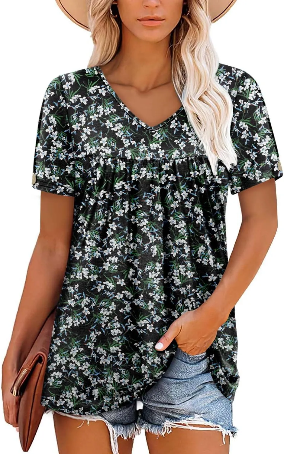 ONLYSHE Women Trendy Summer Shirts and Blouses Short Sleeve Tunic Tops V Neck Loose Fit Casual Tees