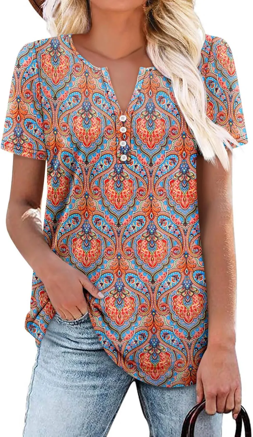 ONLYSHE Women Trendy Summer Shirts and Blouses Short Sleeve Tunic Tops V Neck Loose Fit Casual Tees