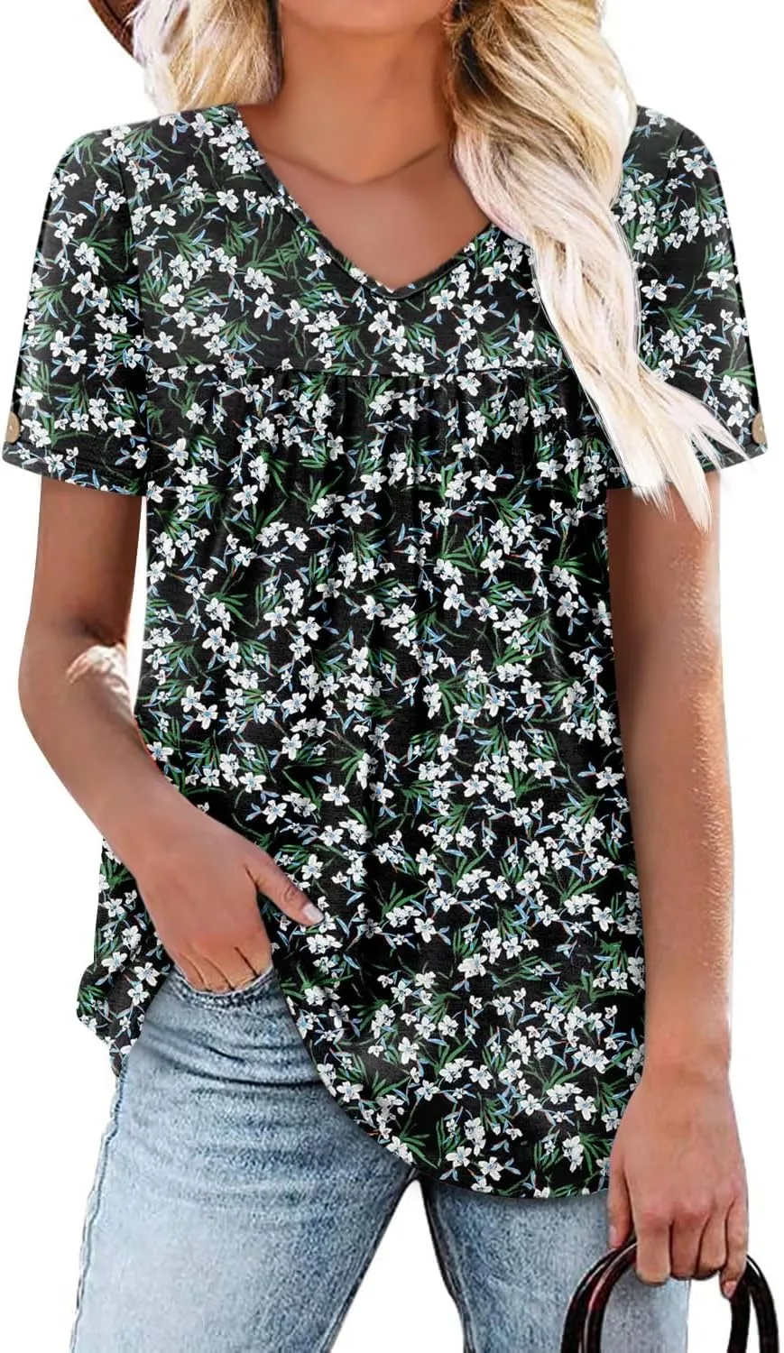 ONLYSHE Women Trendy Summer Shirts and Blouses Short Sleeve Tunic Tops V Neck Loose Fit Casual Tees