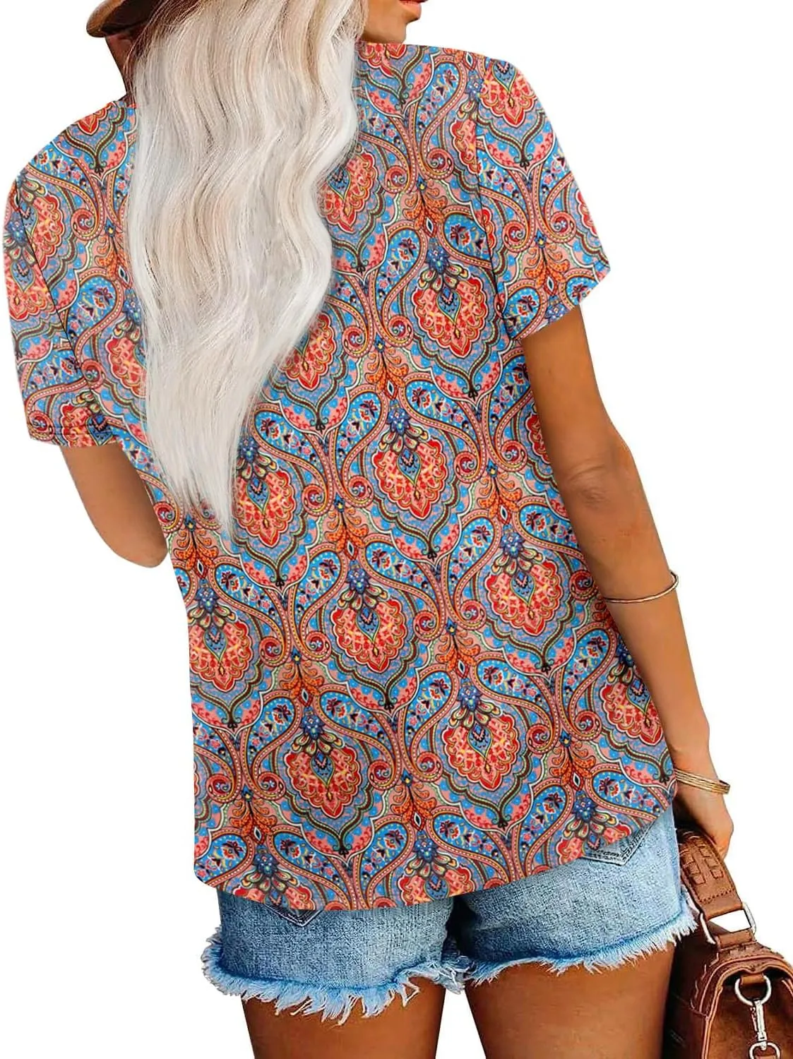 ONLYSHE Women Trendy Summer Shirts and Blouses Short Sleeve Tunic Tops V Neck Loose Fit Casual Tees
