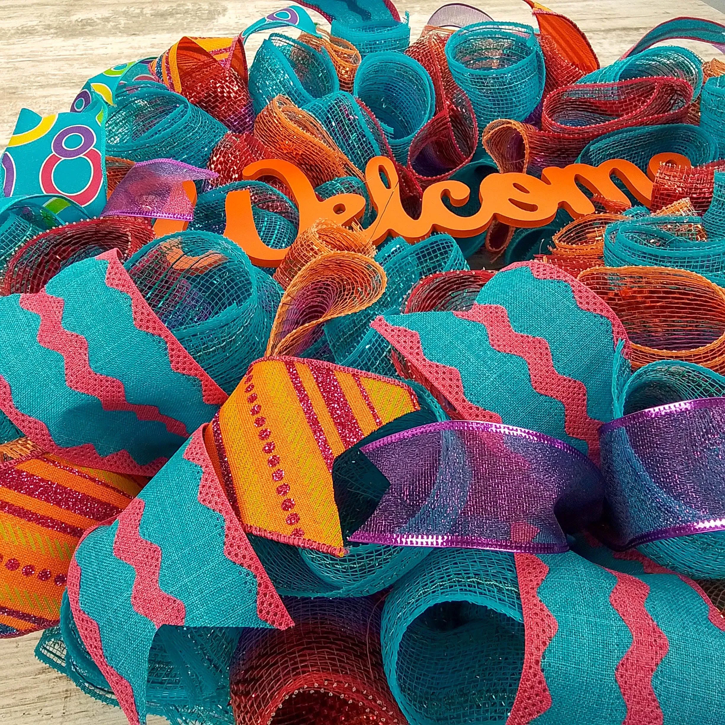 Orange and Turquoise Spring Wreath - Summer Welcome Decor - Everyday Door Decorations - Pink Teal