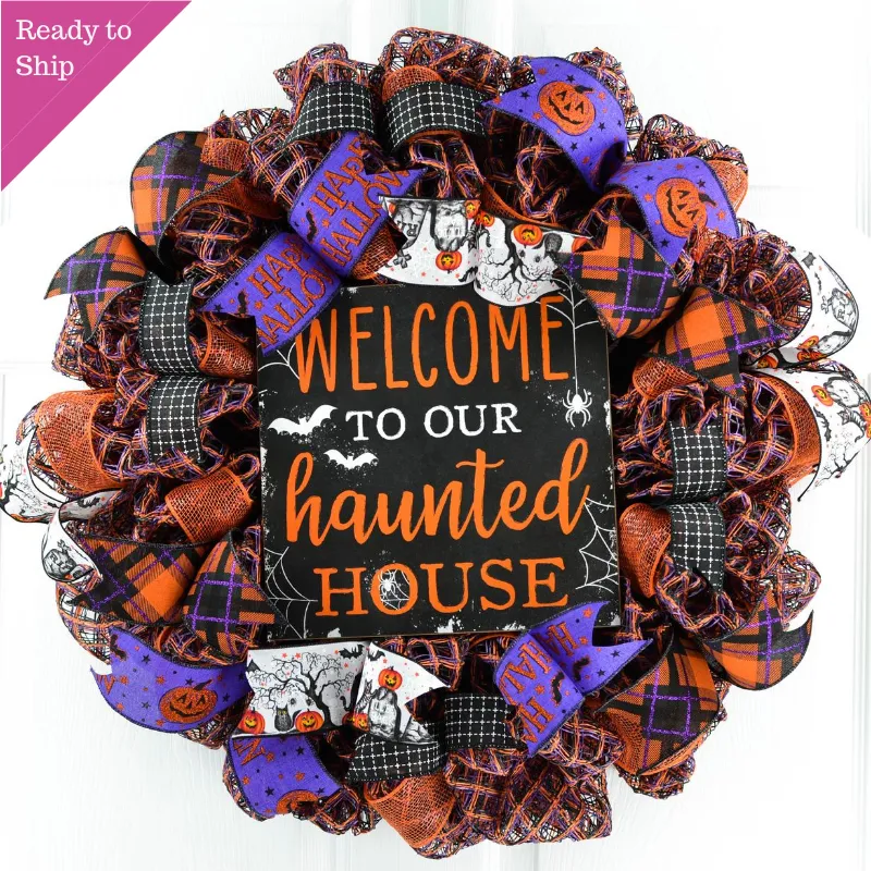 Orange Welcome to our Haunted House Welcome Mesh Decor
