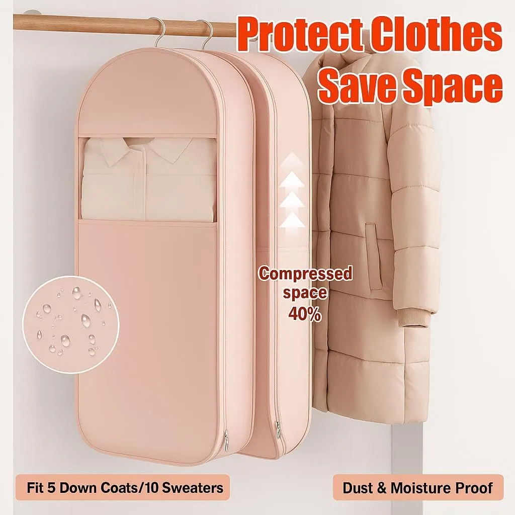 Otherwise Garment Bag, Space Saving Hanging Organizer with Self-Compression Zipper, Dust-Proof Storage for Down Coats, Parkas, Jackets, Sweaters, Suits, Seasonal Clothes (Beige M)