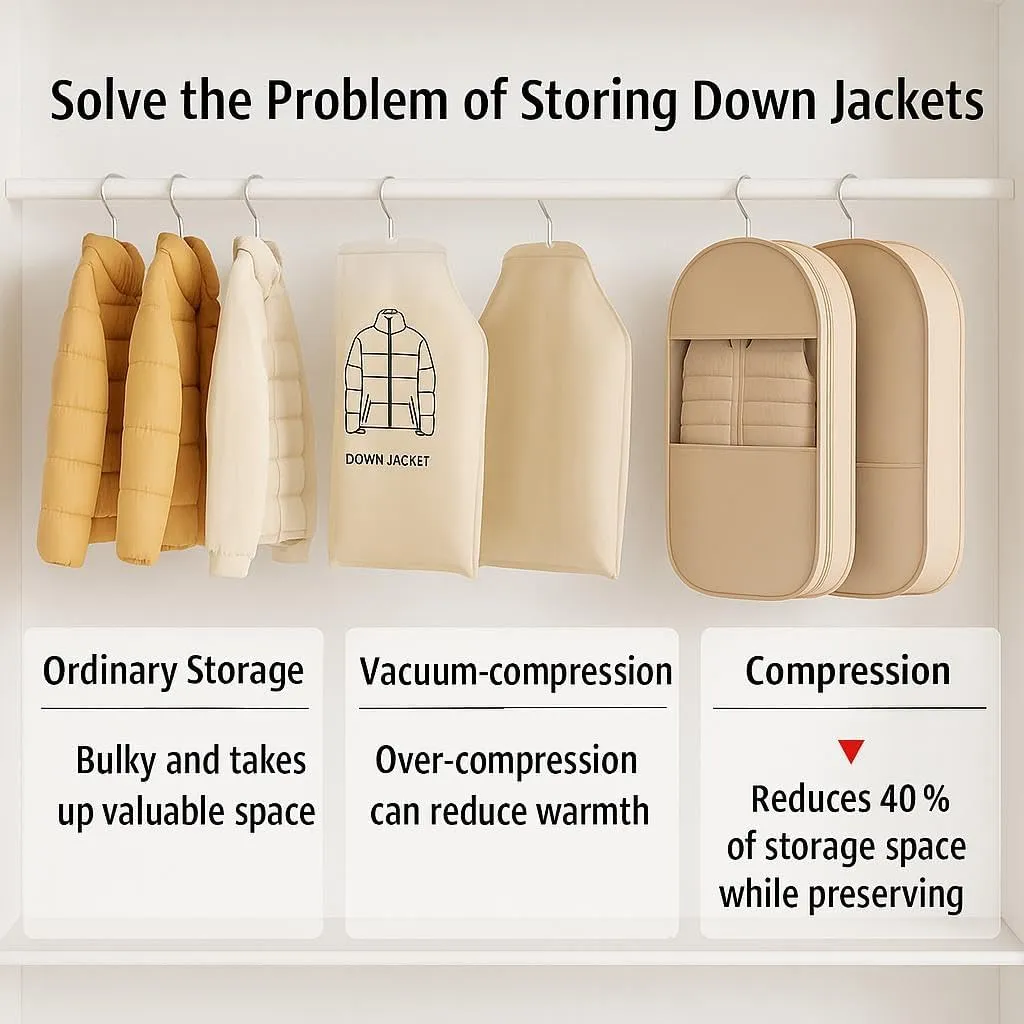 Otherwise Garment Bag, Space Saving Hanging Organizer with Self-Compression Zipper, Dust-Proof Storage for Down Coats, Parkas, Jackets, Sweaters, Suits, Seasonal Clothes (Beige M)