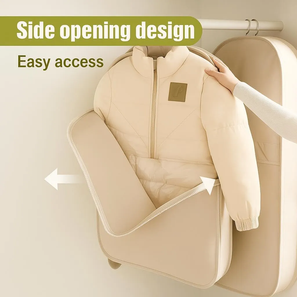 Otherwise Garment Bag, Space Saving Hanging Organizer with Self-Compression Zipper, Dust-Proof Storage for Down Coats, Parkas, Jackets, Sweaters, Suits, Seasonal Clothes (Beige M)