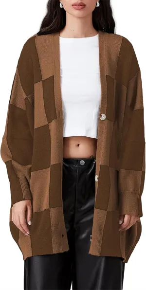 Oversized Checkered Cardigan for Women Long Sleeve Open Front Vintage Plaid Grandpa Sweaters Preppy Style Outwear