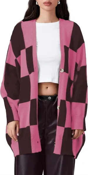 Oversized Checkered Cardigan for Women Long Sleeve Open Front Vintage Plaid Grandpa Sweaters Preppy Style Outwear