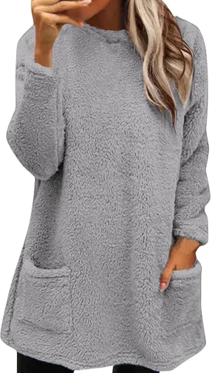Oversized Fuzzy Fleece Sweatshirts for Women Fashion 2025 Parka Warm Outerwear Letter Print Loungewear with Pockets