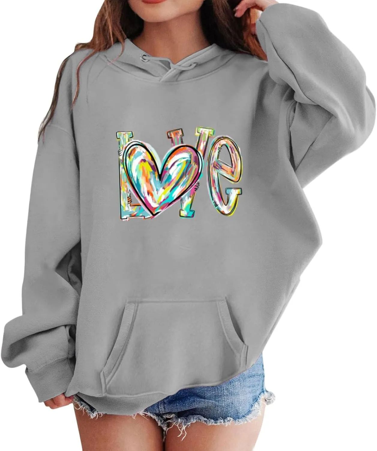 Oversized Hooded Sweatshirts for Teen Girls Cute Hoodies with Pockets Heart Print Graphic Pullover Shirts Tops