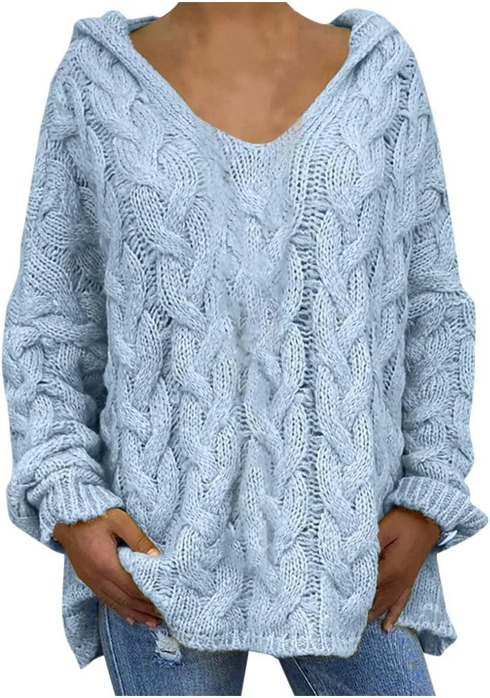 Oversized Sweater for Women, Fashion Chunky Cable Knit Hooded Sweaters Casual V Neck Hoodies Long Sleeve Pullover Tops